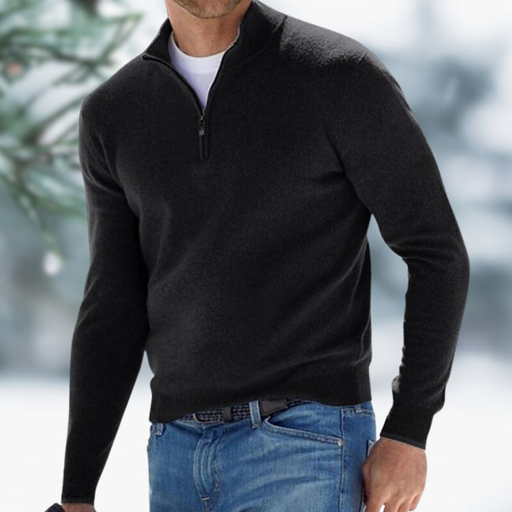 Men's Fine Knit Pullover with Quarter-Zip in Black