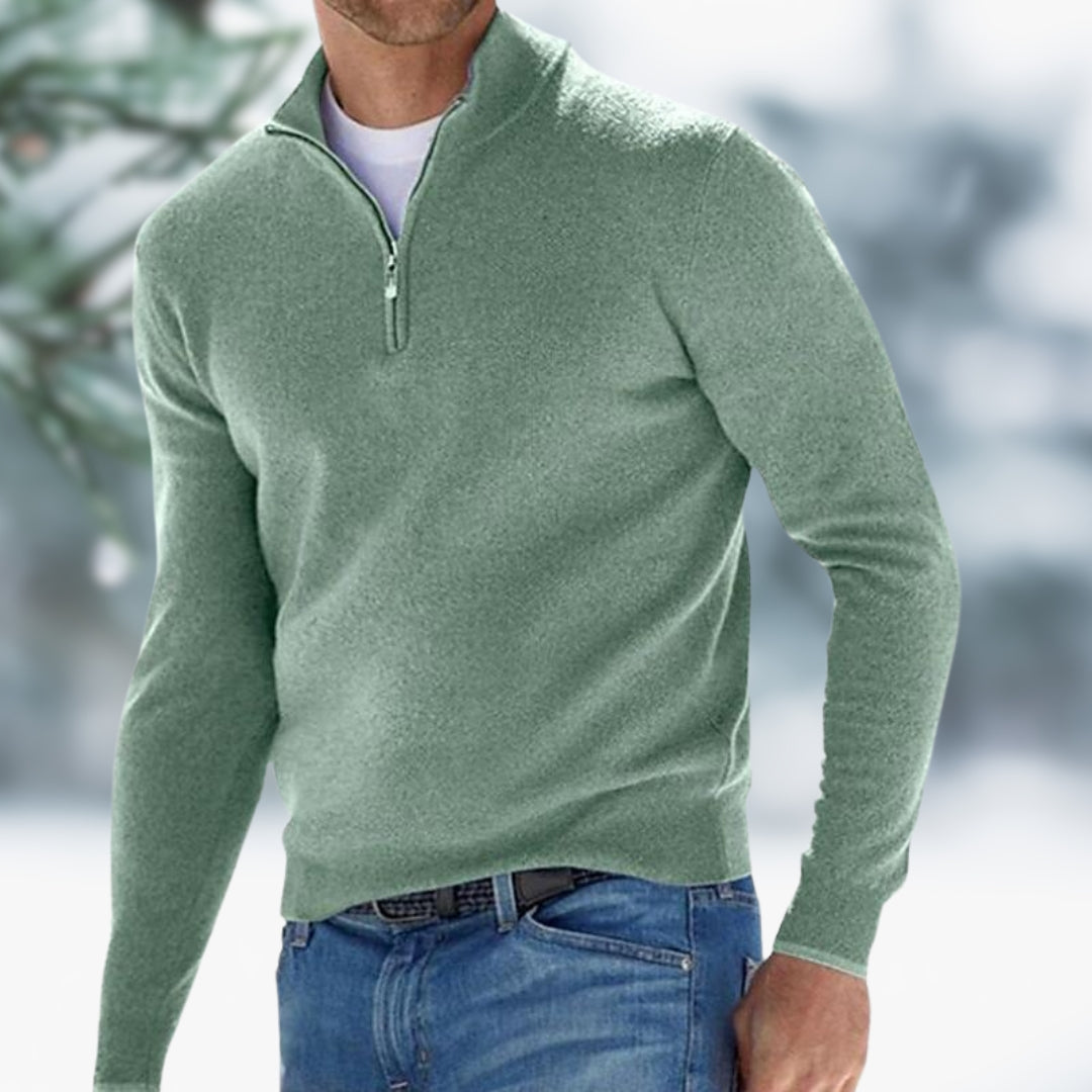 Men's Fine Knit Pullover with Quarter-Zip in Green