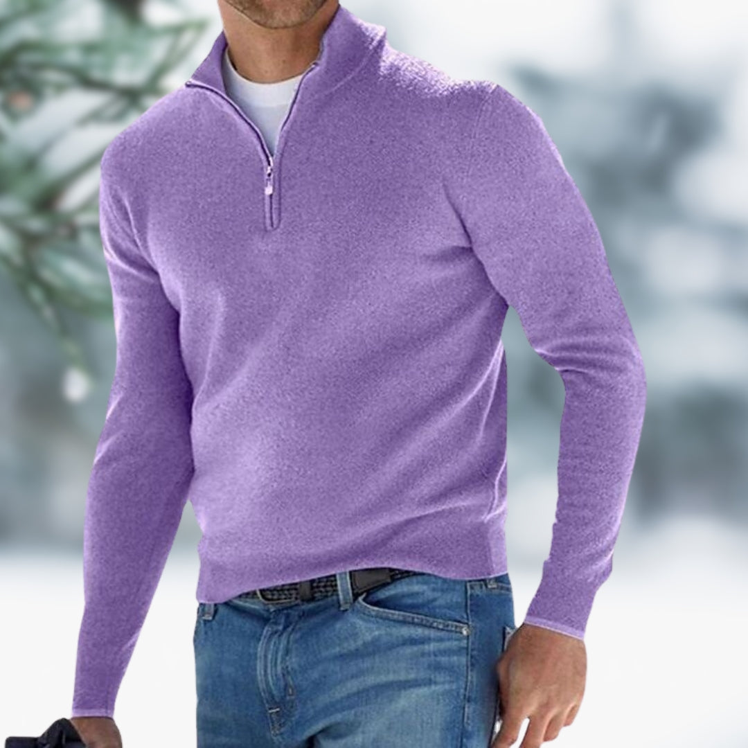 Men's Fine Knit Pullover with Quarter-Zip in Hellviolett