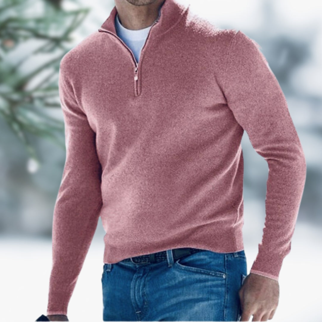 Men's Fine Knit Pullover with Quarter-Zip in Pink