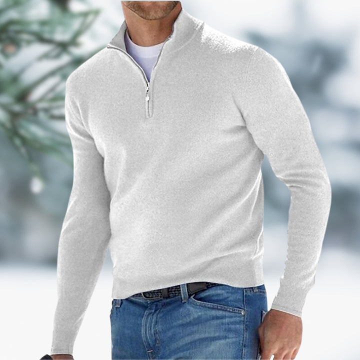 Men's Fine Knit Pullover with Quarter-Zip in White