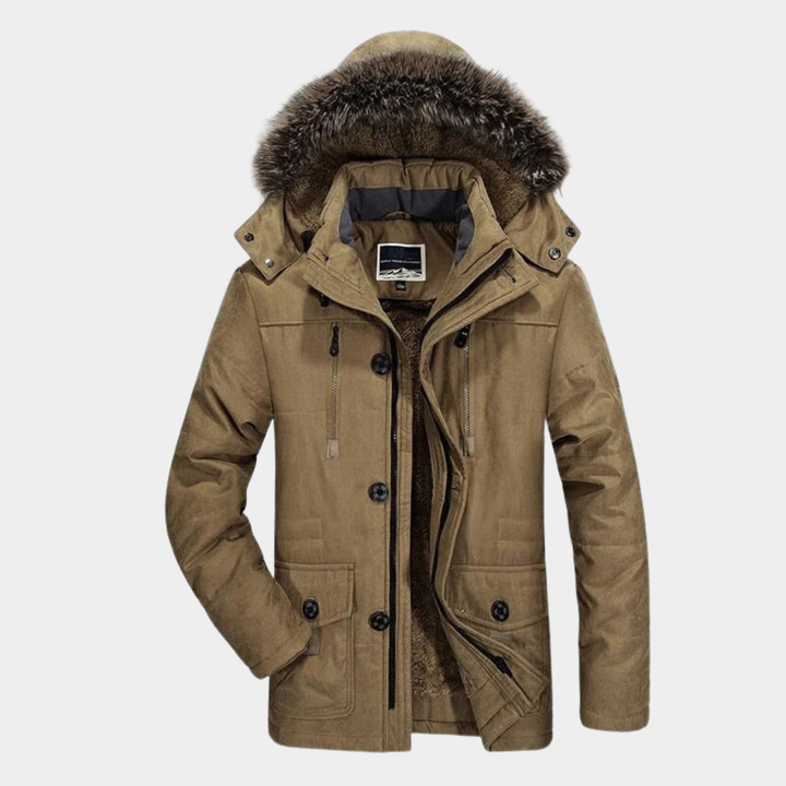 Men's Fleece-Lined Hooded Parka for Autumn in Khaki