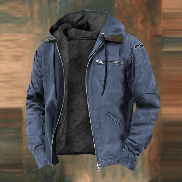 Men's Hooded Leather Jacket for Autumn in Blue