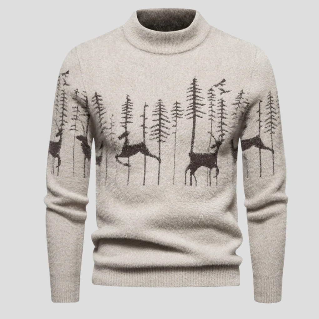 Mens Jumper with Christmas Reindeer Print in Beige