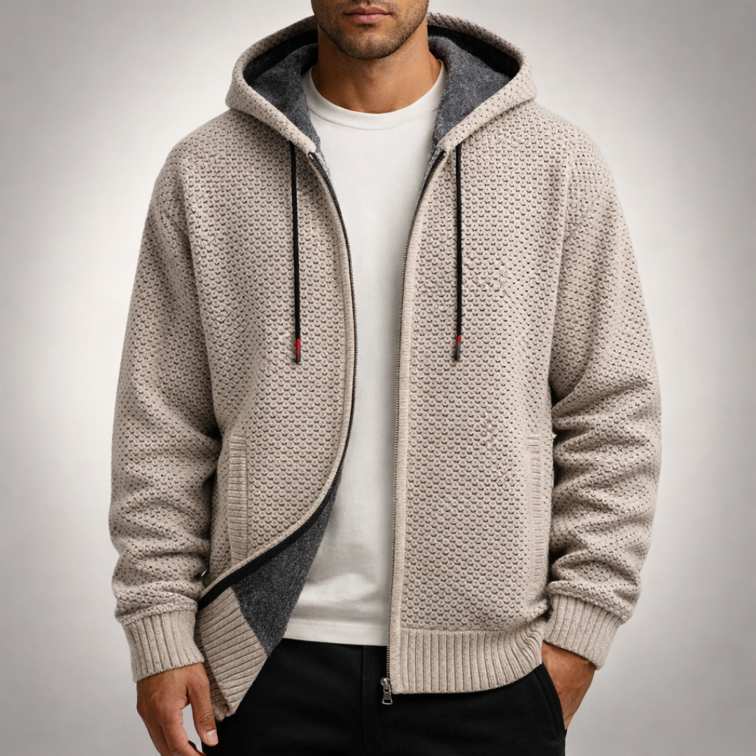 Men's Jumper with Full-Zip Hood for Autumn in Beige