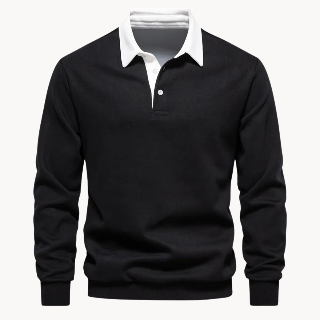 Men's Jumper with Polo Collar and Button-Front in Black