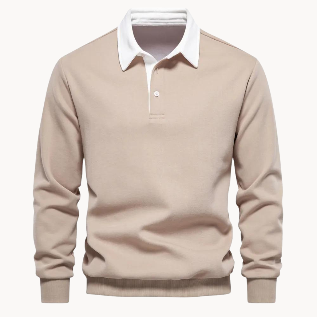 Men's Jumper with Polo Collar and Button-Front in Khaki