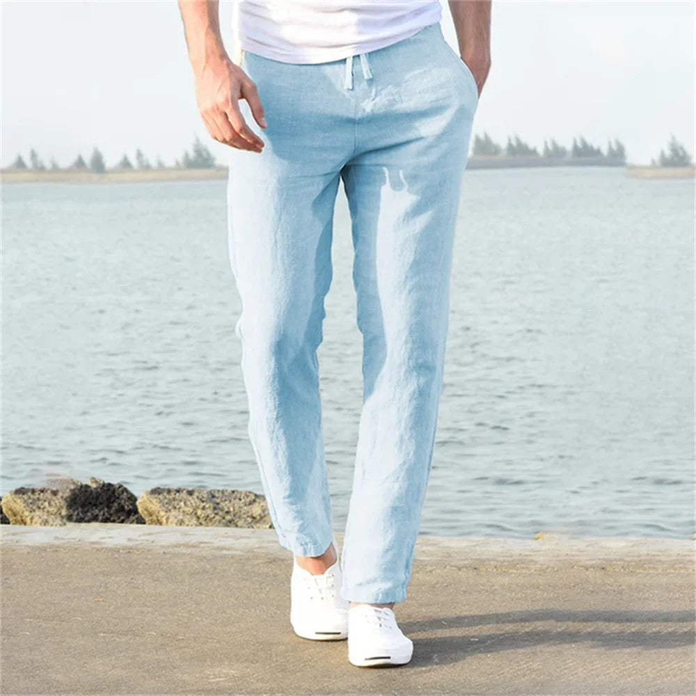 Men's Lightweight Cotton-Linen Trousers for Autumn in Blue