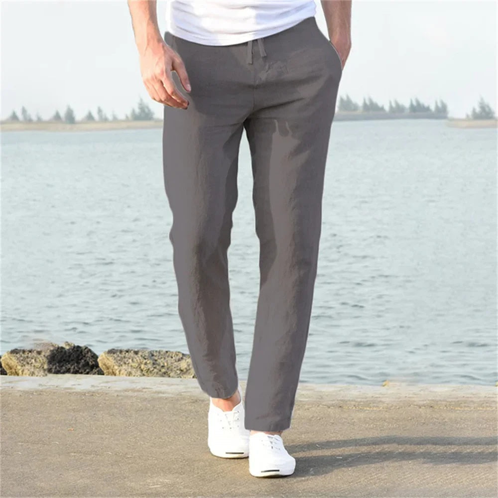 Men's Lightweight Cotton-Linen Trousers for Autumn in Grey