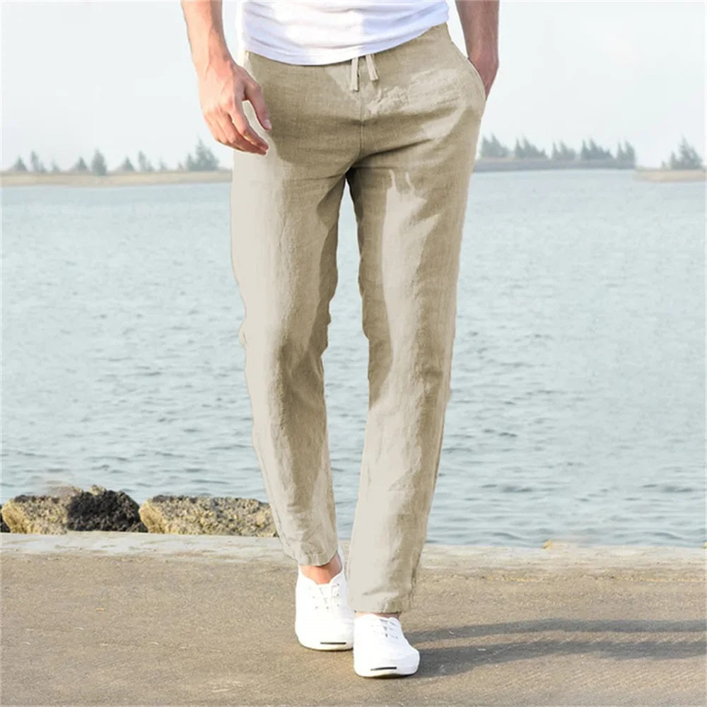 Men's Lightweight Cotton-Linen Trousers for Autumn in Khaki