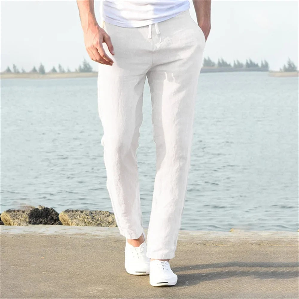 Men's Lightweight Cotton-Linen Trousers for Autumn in White
