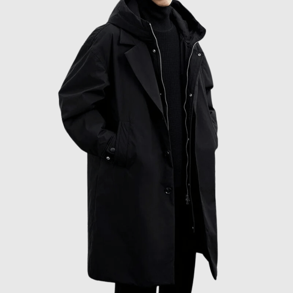 Men's Lightweight Waterproof Long Jacket for Autumn in Black