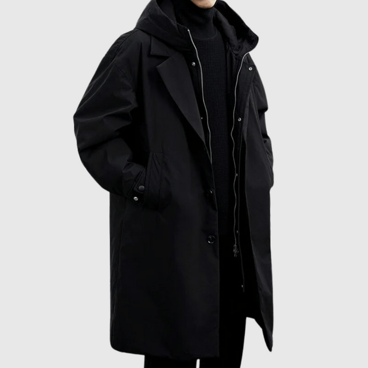Men's Lightweight Waterproof Long Jacket for Autumn in Black