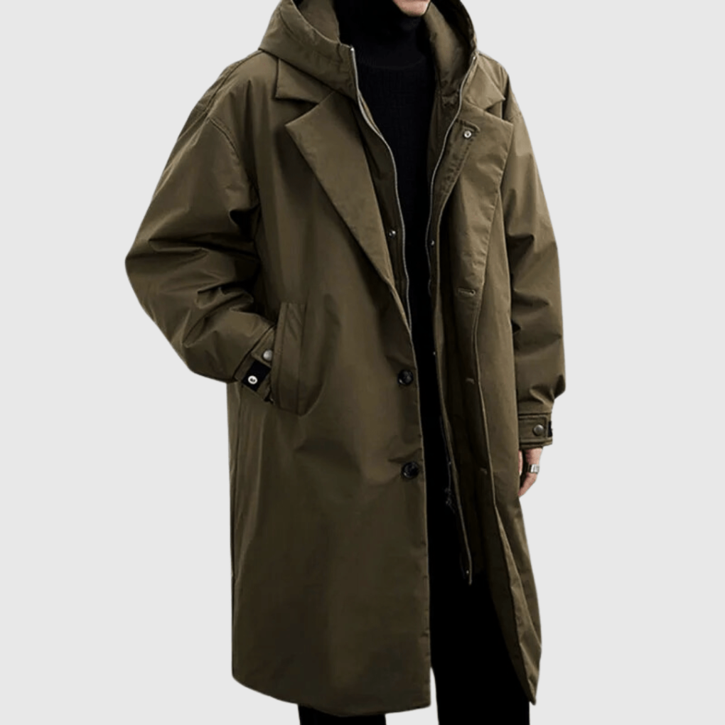 Men's Lightweight Waterproof Long Jacket for Autumn in Green