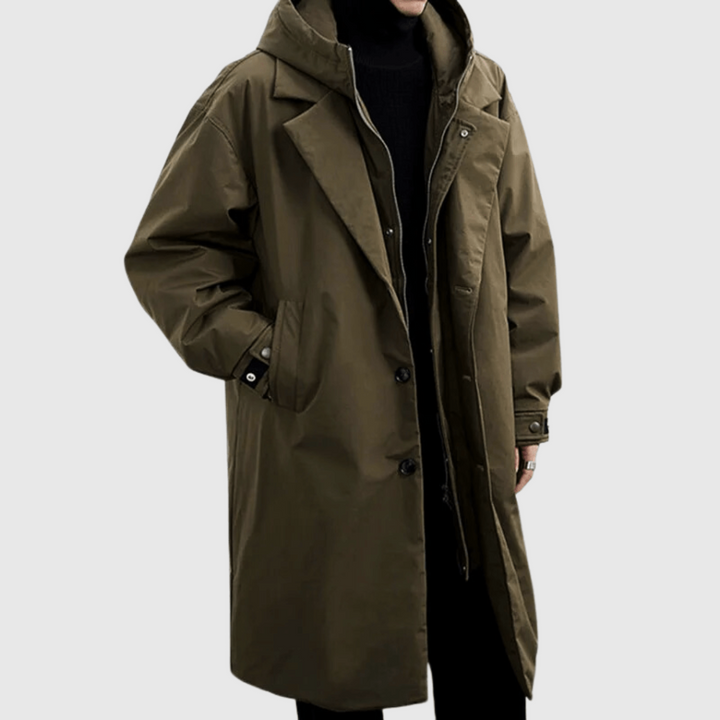 Men's Lightweight Waterproof Long Jacket for Autumn in Green