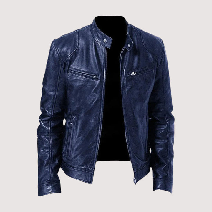 Men's Minimalist Leather Jacket for Autumn in Dark Blue