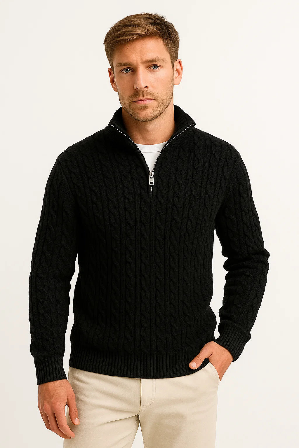 Men's Pullover Cable Knit with Zip Collar in Black 1