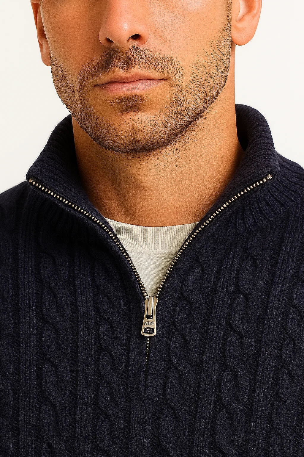 Men's Pullover Cable Knit with Zip Collar in Black 3