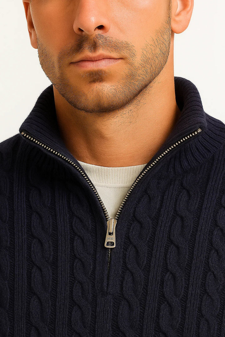 Men's Pullover Cable Knit with Zip Collar in Black 3