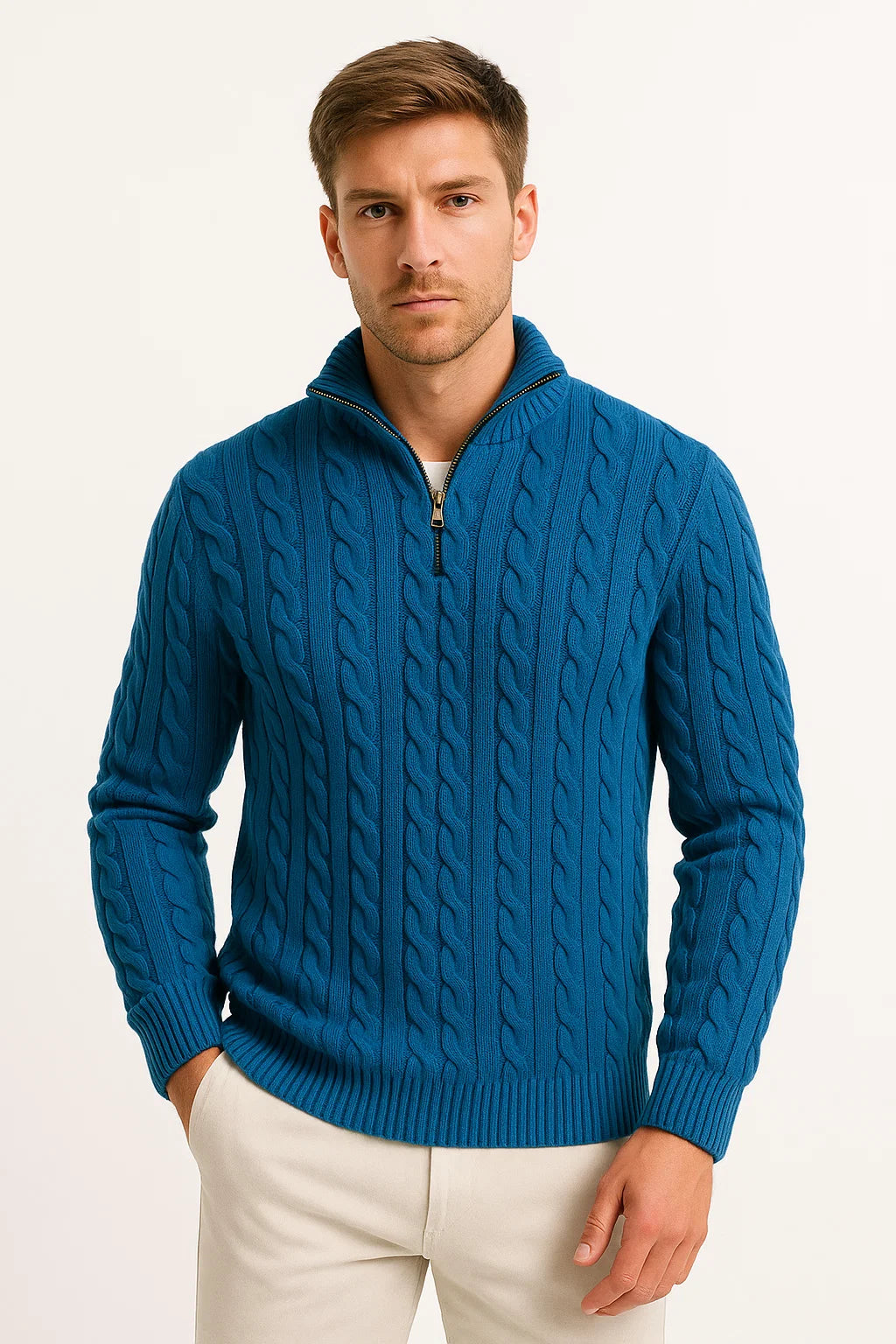Men's Pullover Cable Knit with Zip Collar in Dark Teal