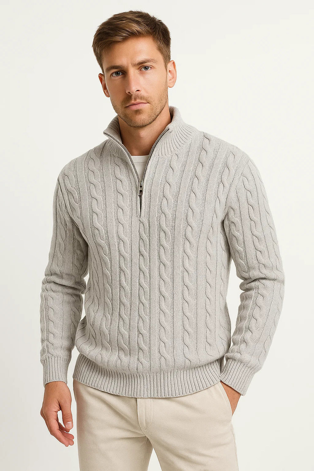 Men's Pullover Cable Knit with Zip Collar in Light Grey