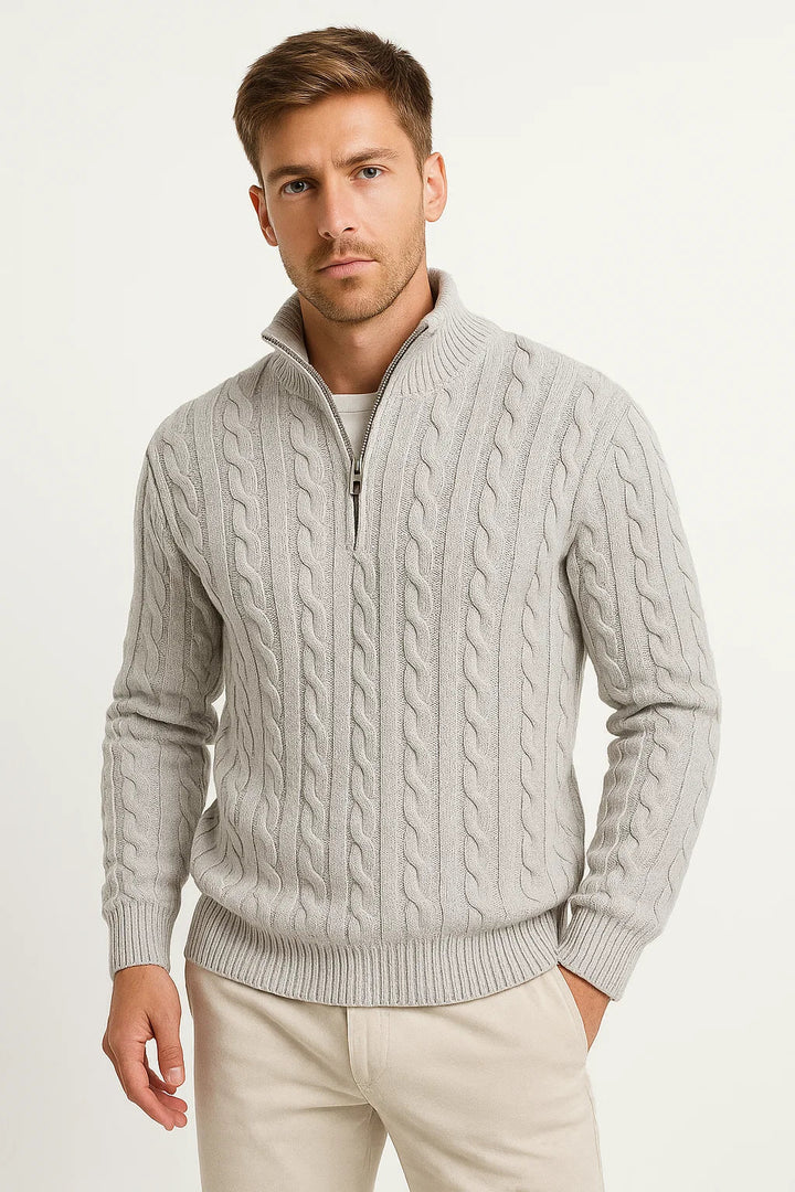 Men's Pullover Cable Knit with Zip Collar in Light Grey