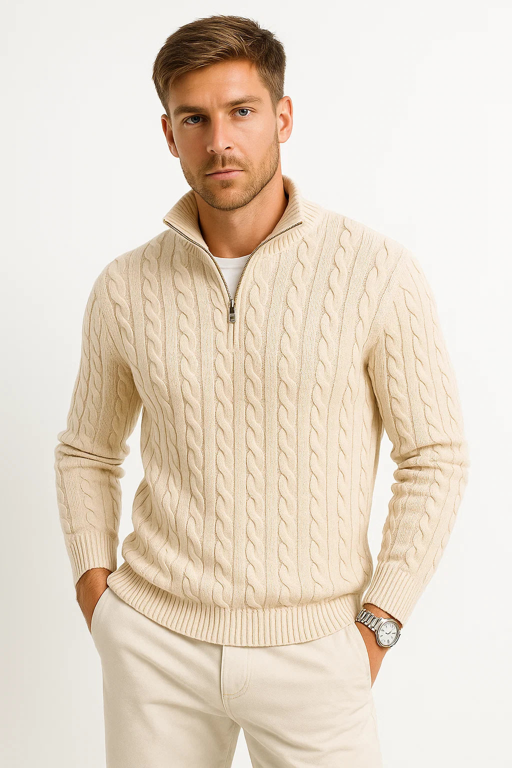 Men's Pullover Cable Knit with Zip Collar in Vanillebeige
