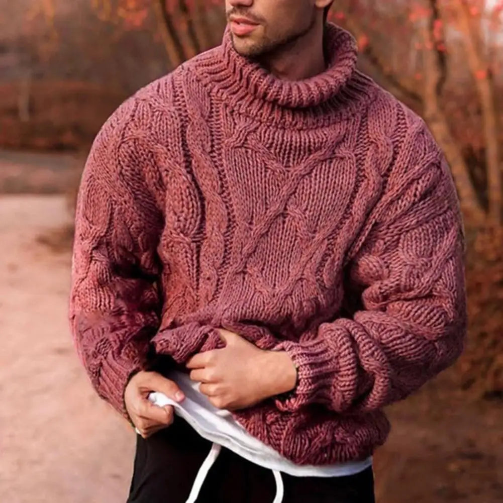 Men's Pullover Chunky Knit Turtleneck for Autumn in Red