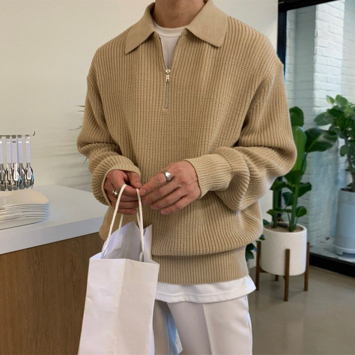 Men's Pullover with Chunky Knit Long Sleeves in Beige