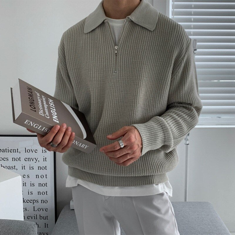 Men's Pullover with Chunky Knit Long Sleeves in Grey