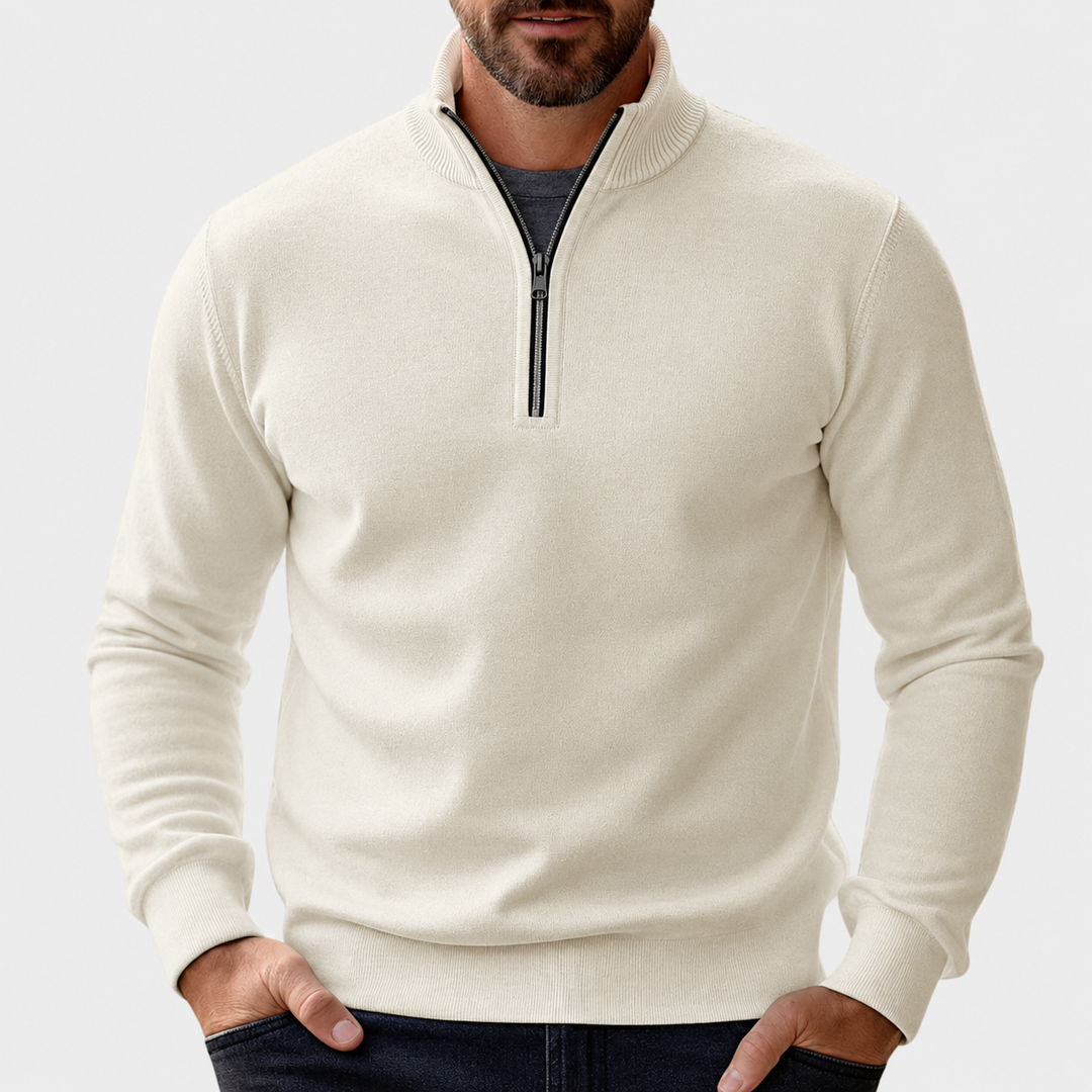 Men's Pullover with Lightweight Cozy Zip-Up in Beige