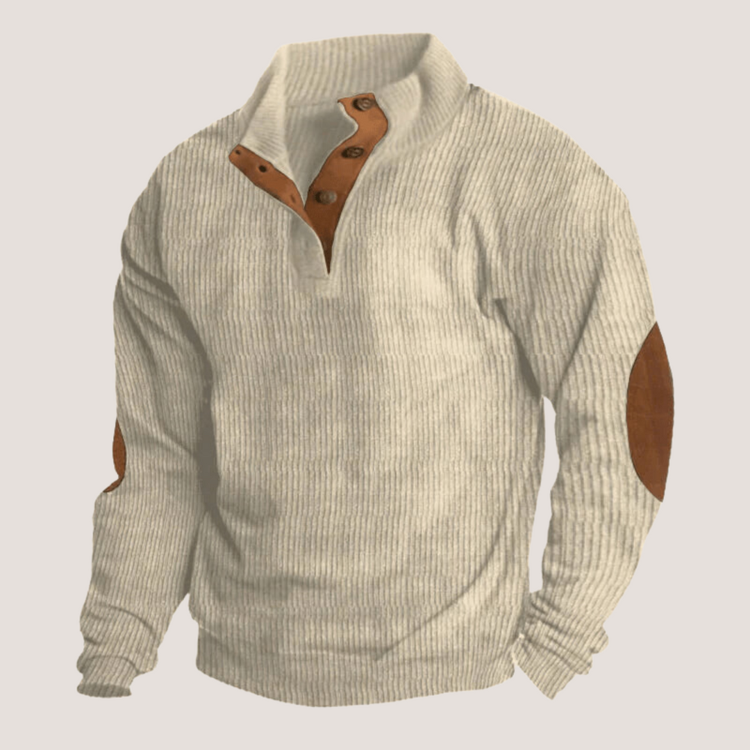 Mens Ribbed Sweater with Button Front in Beige