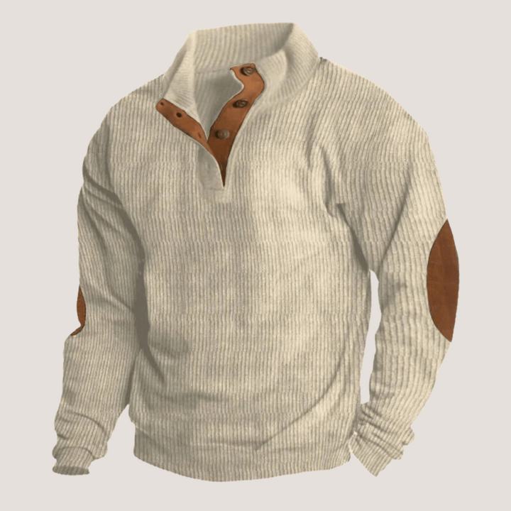 Mens Ribbed Sweater with Button Front in Beige
