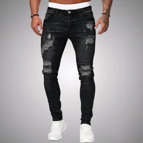 Men's Slim Fit Stretch Ripped Cotton Jeans in Black