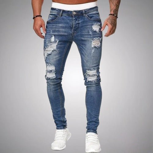 Men's Slim Fit Stretch Ripped Cotton Jeans in Blue