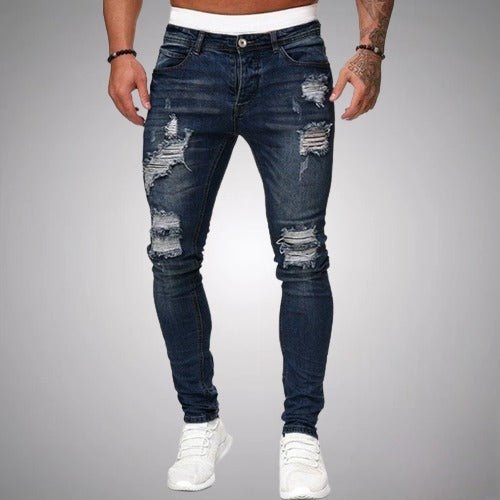 Men's Slim Fit Stretch Ripped Cotton Jeans in Navy