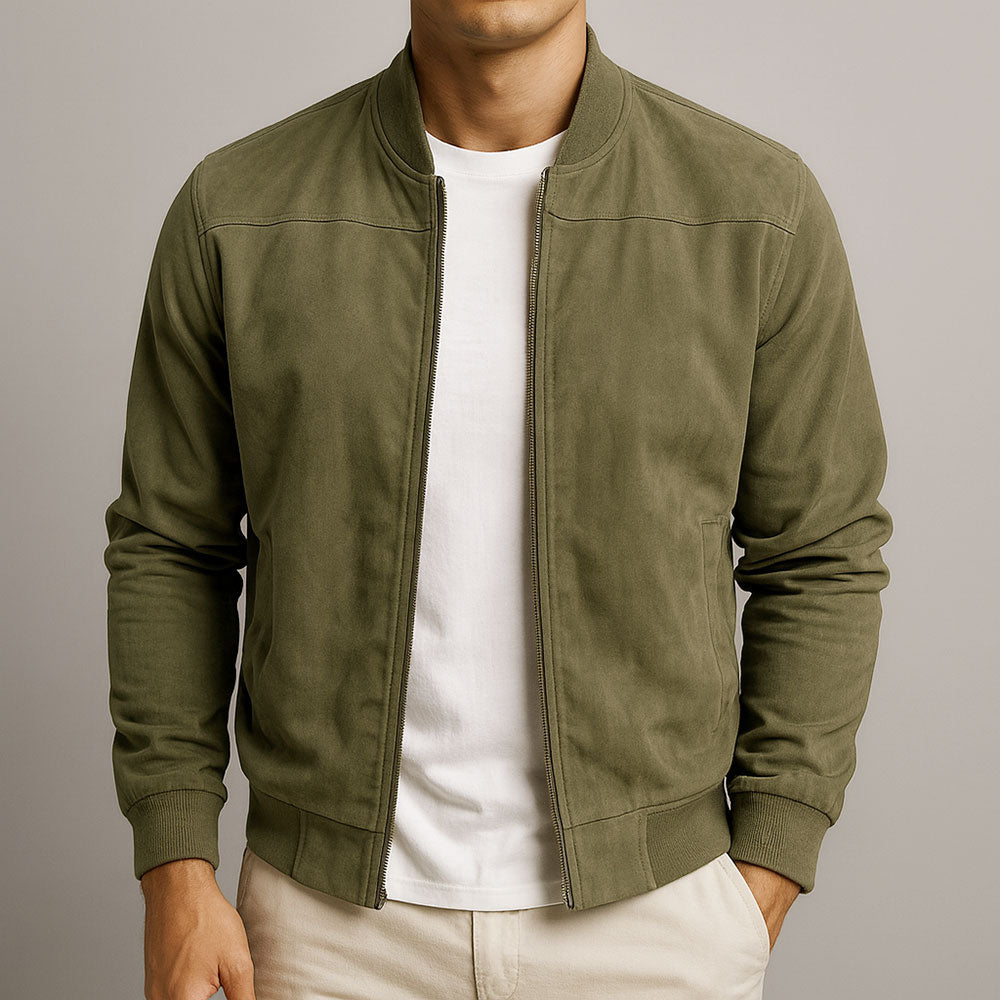 Men's Suede Jacket for Autumn Layering in Army Green