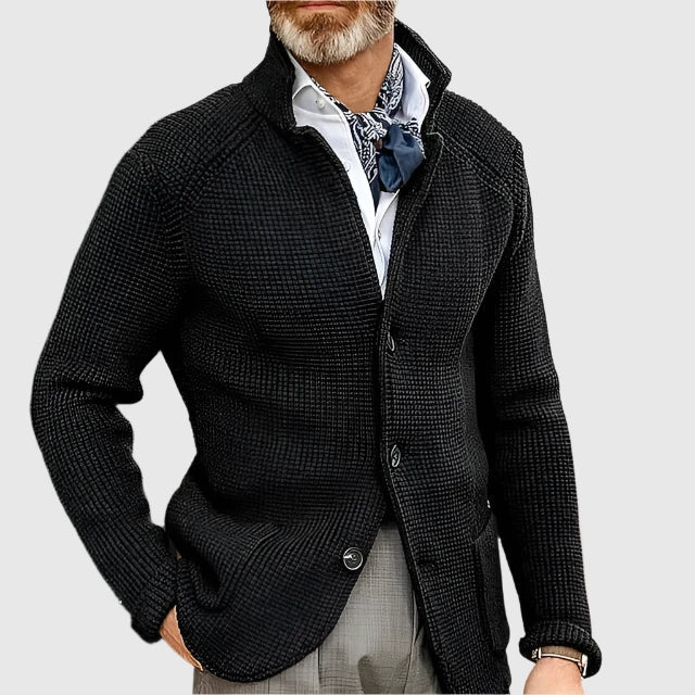 Men's Waffle Knit Pullover Cardigan in Black