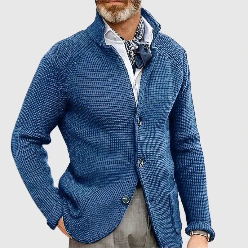 Men's Waffle Knit Pullover Cardigan in Blue