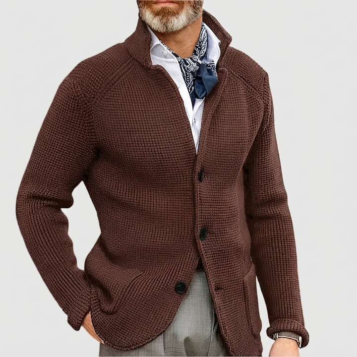Men's Waffle Knit Pullover Cardigan in Brown