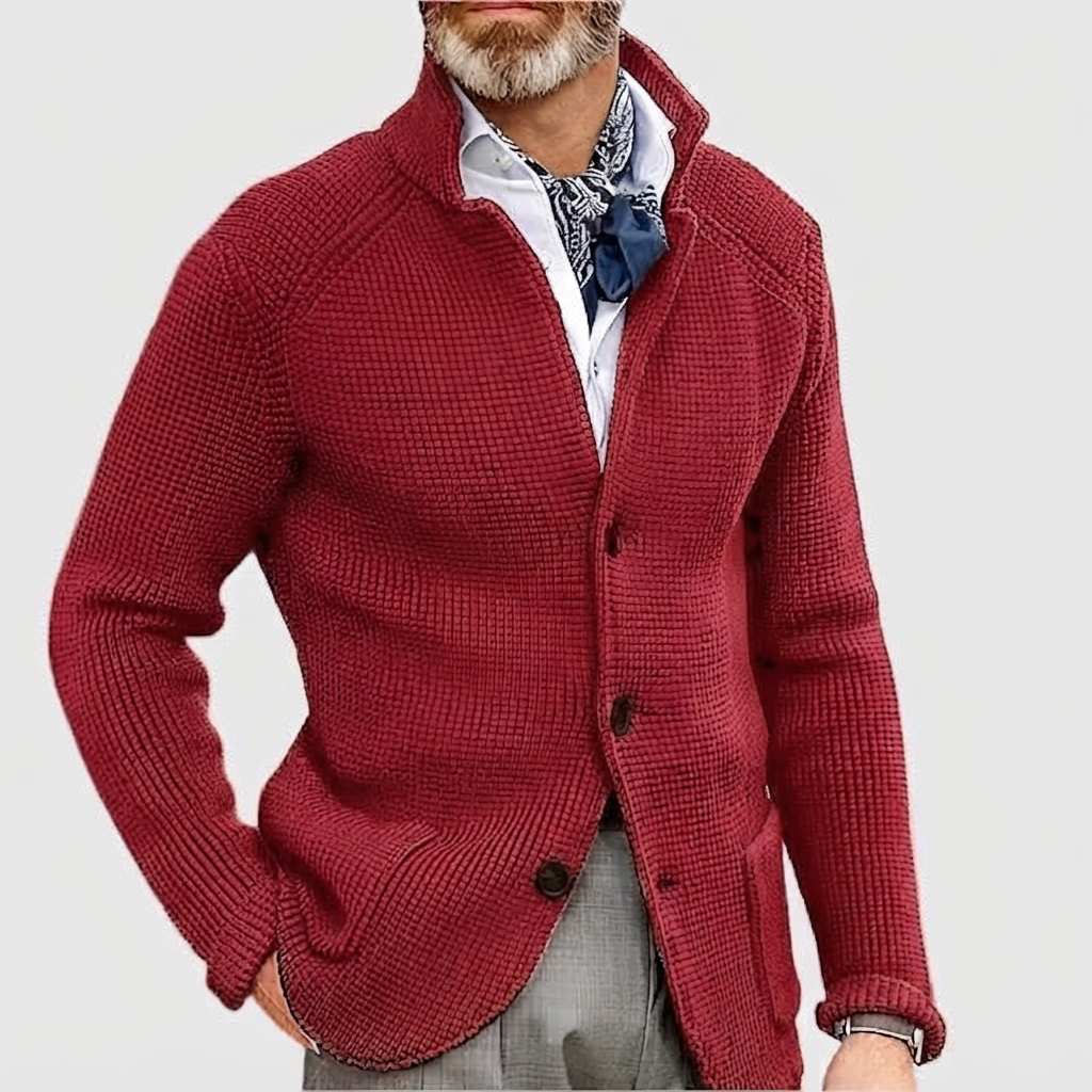 Men's Waffle Knit Pullover Cardigan in Burgundy