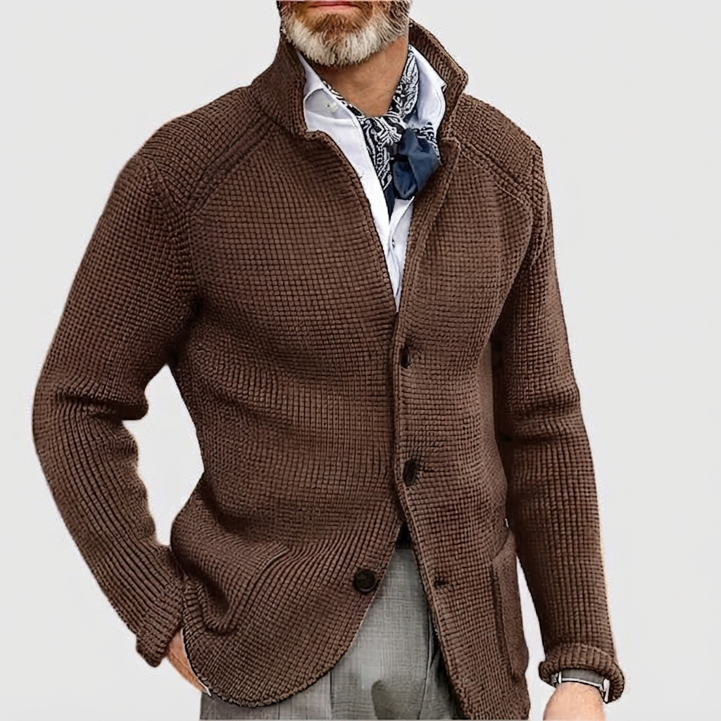 Men's Waffle Knit Pullover Cardigan in Chestnut