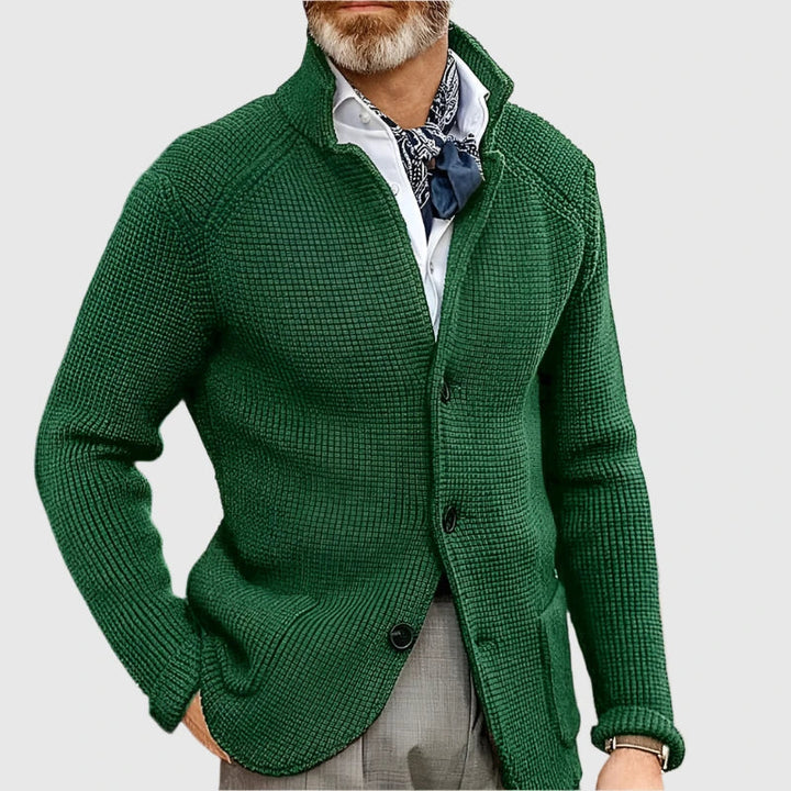 Men's Waffle Knit Pullover Cardigan in Emerald