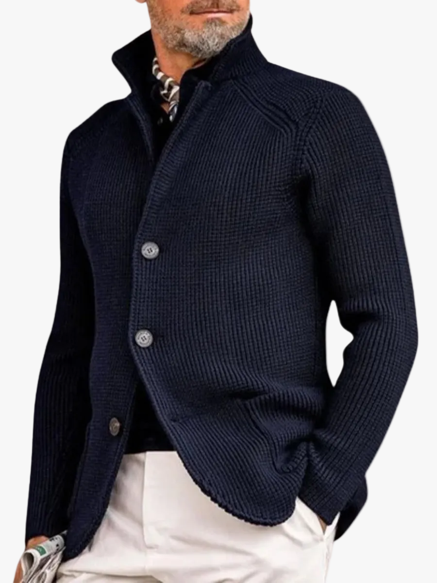 Men's Waffle Knit Pullover Cardigan in Navy