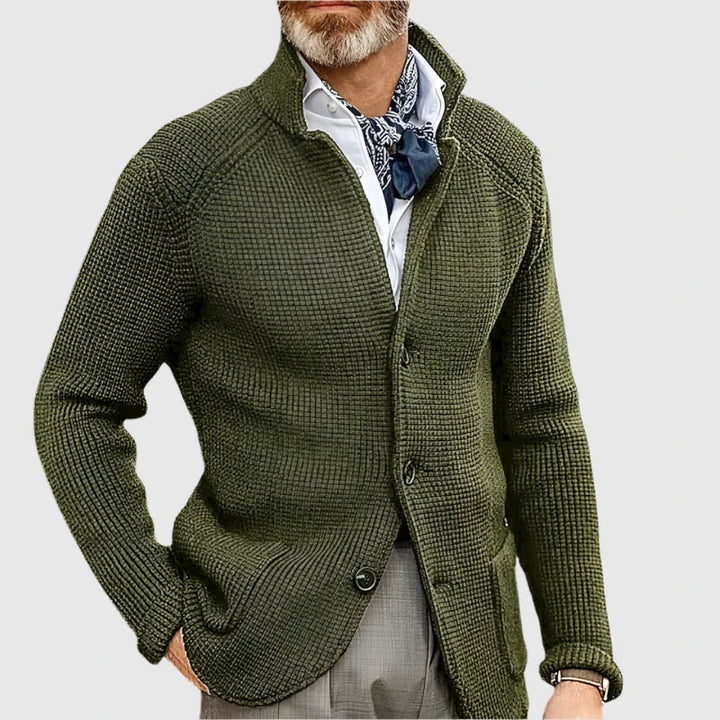 Men's Waffle Knit Pullover Cardigan in Olive