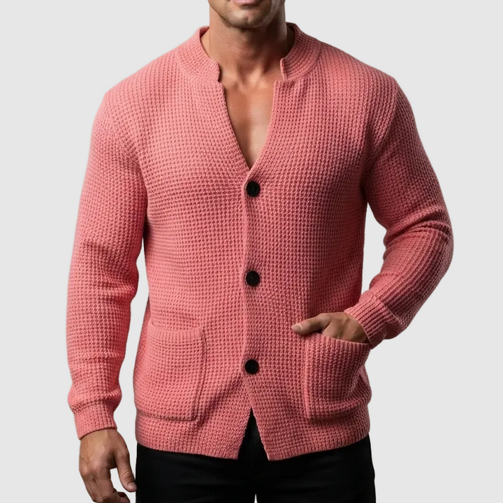Men's Waffle Knit Pullover Cardigan in Pink