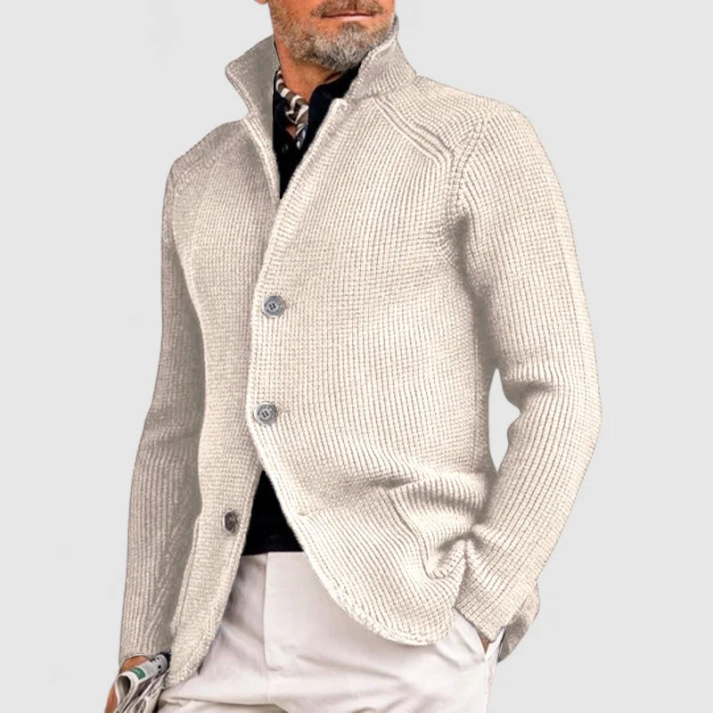 Men's Waffle Knit Pullover Cardigan in White