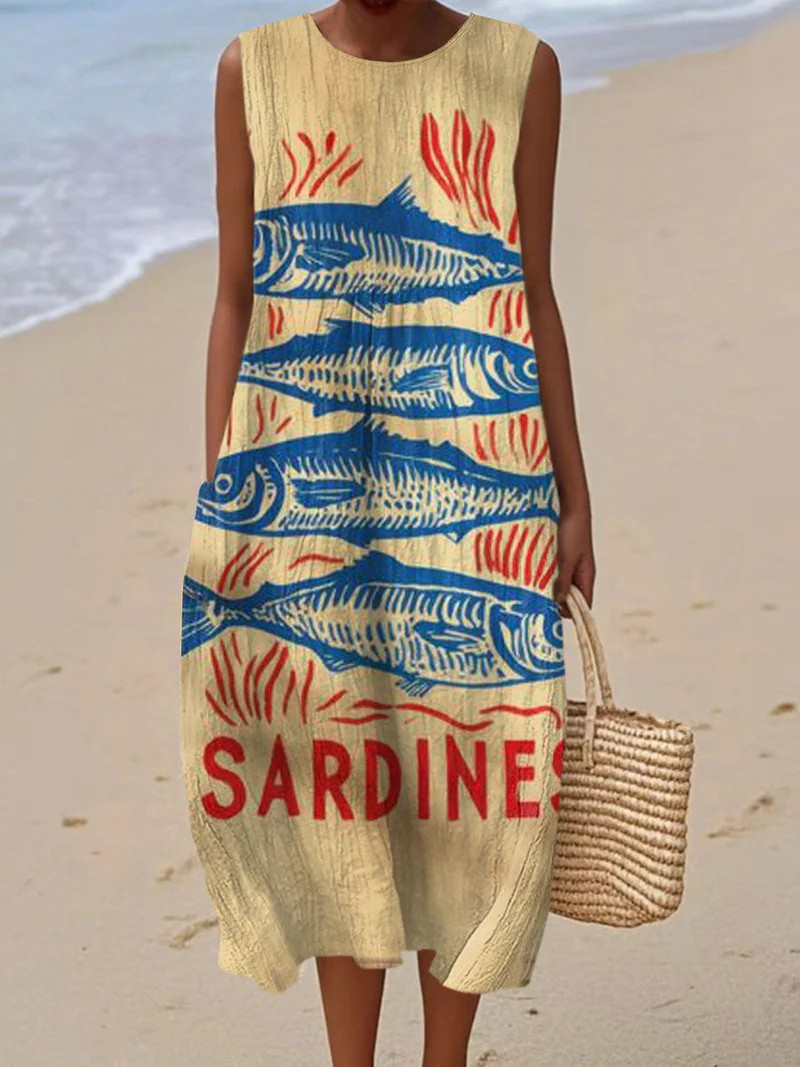 Nancy Linen Beach Dress with Sardine Print Foto 1