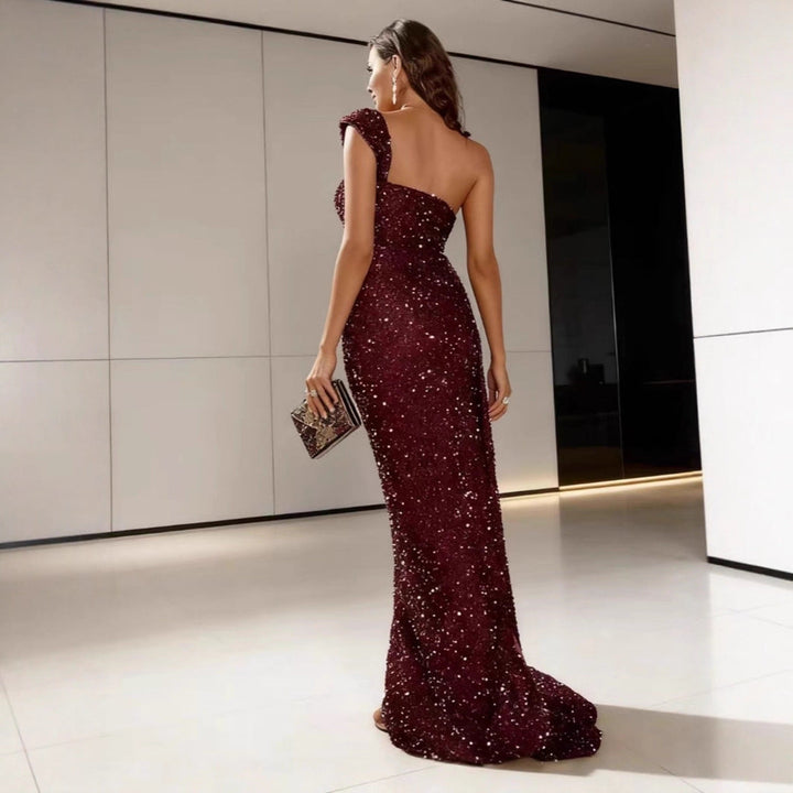 Nina One-Shoulder Sequin Evening Dress with Side Slit Foto 3