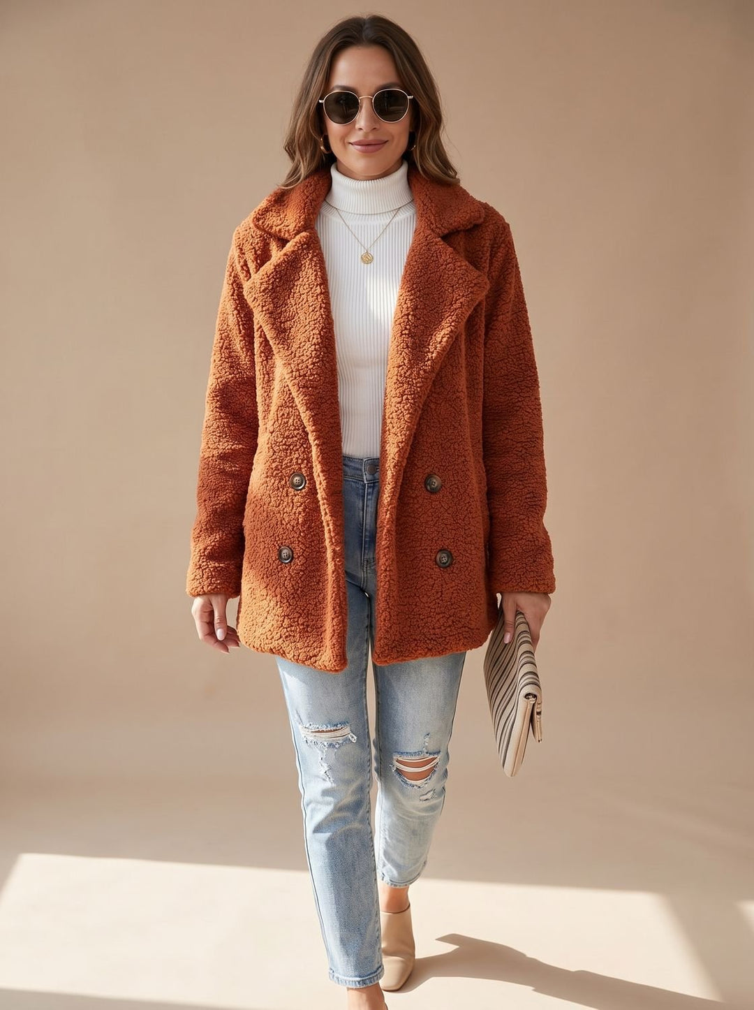 Oversized Teddy Faux Fur Women's Coat in Caramel